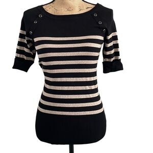 EUC! White House Black Market 1/2 Sleeve Gold Striped Button Accent Top XS